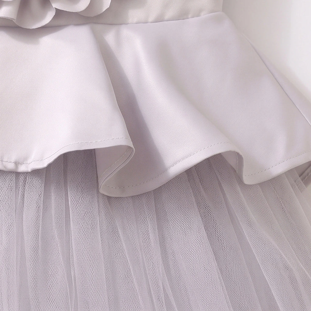 Girls Light Grey Floral Applique Sleeveless Fit & Flare Party Dress Party Dresses
