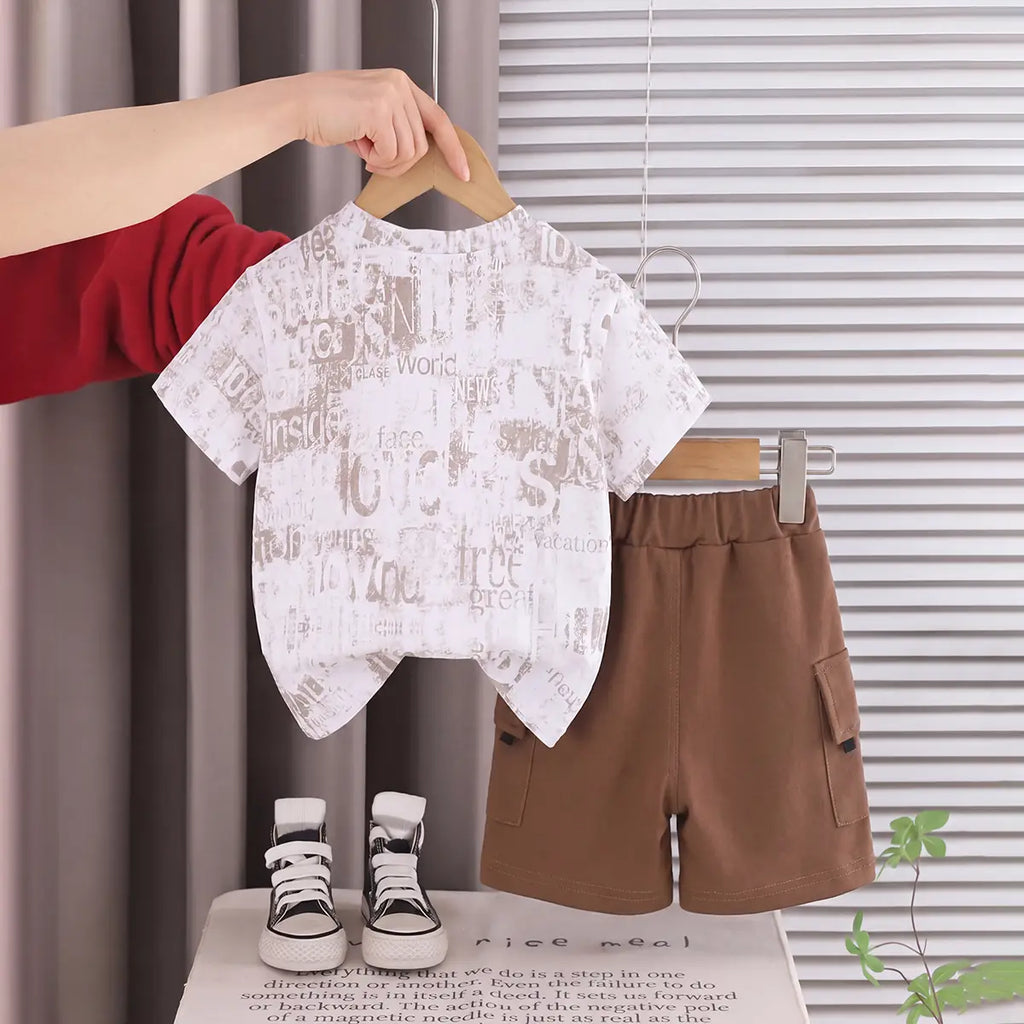 Boys Brown Printed Short Sleeve T-Shirt With Elasticated Shorts Sets 2 pc. Sets