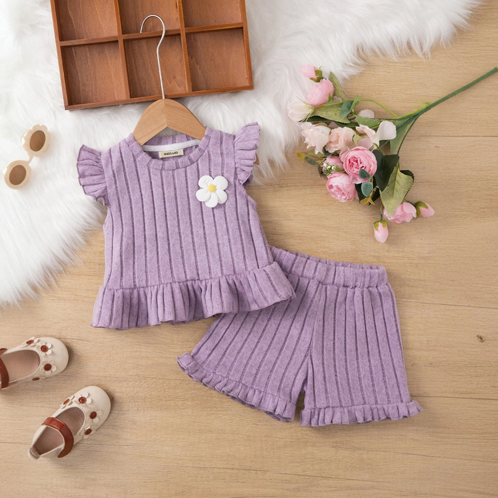 Girls Purple Self Stripes Top With & Shorts With Ruffle Details Co-ord Sets Sets Purple 1-2 Y