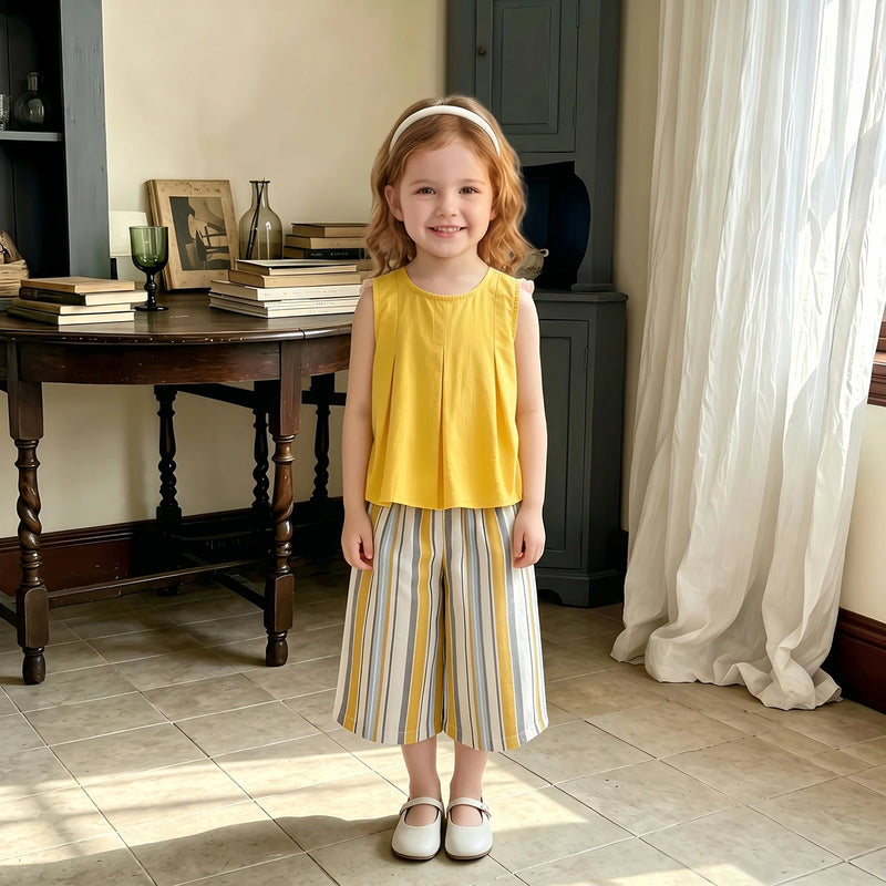 Girls Yellow Sleeveless Top With Striped Capri Sets 2 pc. Sets