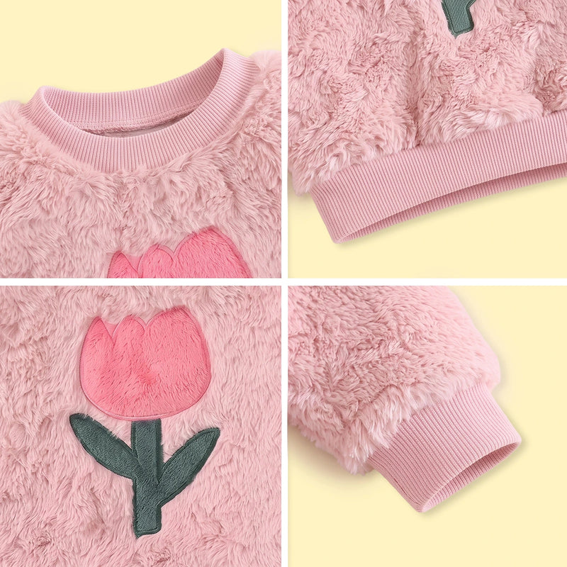 Girls Pink Floral Applique Long Sleeve Fleece Sweatshirt Sweatshirts & Hoodies
