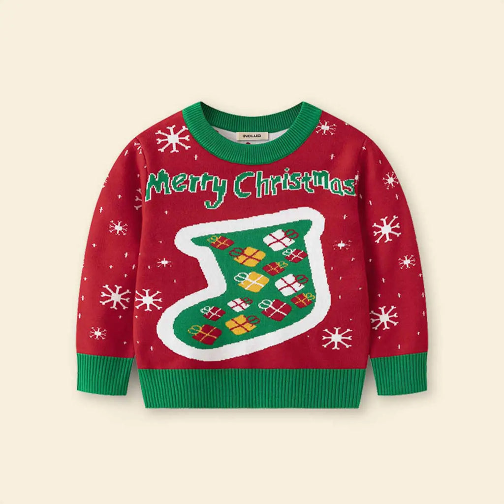 Boys Red Sweater With Self-Design Christmas Themed Patterns Sweaters & Cardigans