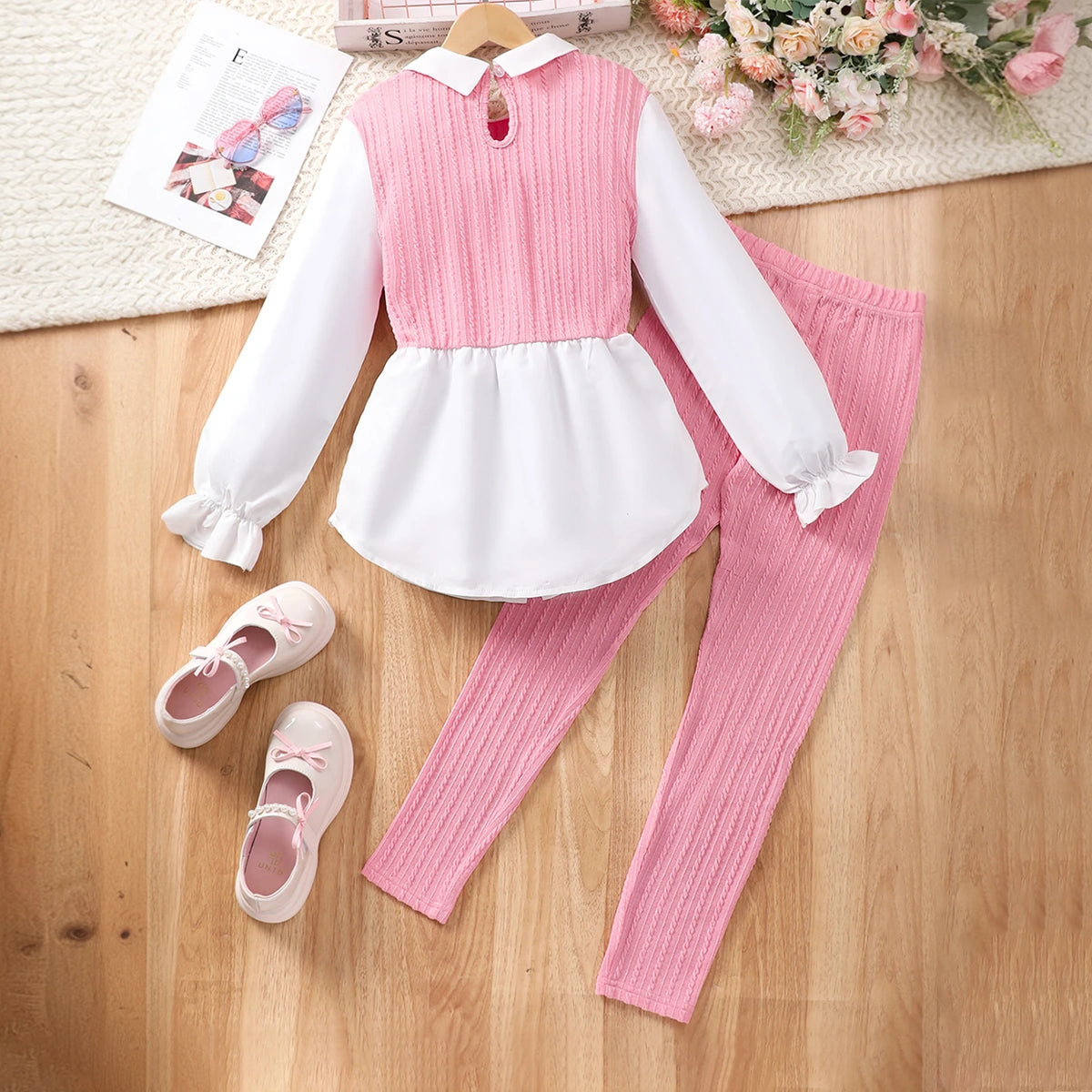 Girls Pink Ribbed Collared Peplum Top With Slim fit Pants Sets Sets