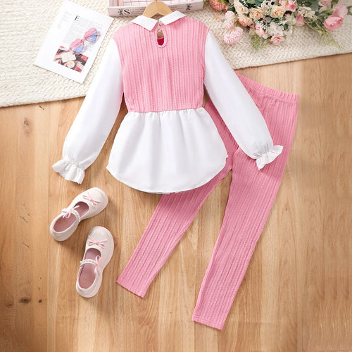 Girls Pink Ribbed Collared Peplum Top With Slim fit Pants Sets Sets