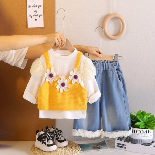 Girls Puffed Sleeves Top with Yellow Floral Textured Crop Top & Jeans Sets Sets Yellow 1-2 Y