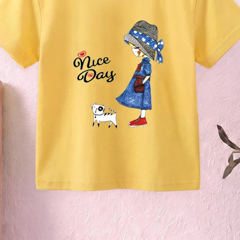 Girls Yellow Nice Day Typography Print Short Sleeve T-Shirt Tshirts