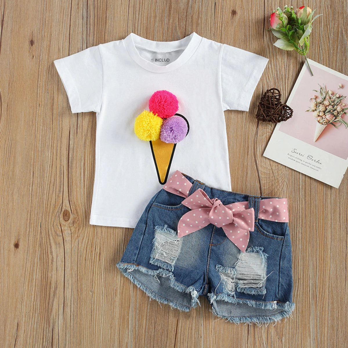 Girls White Ice-Cream Printed Short Sleeve Top With Distressed Denim Shorts Sets 2 pc. Sets White 1-2 Y