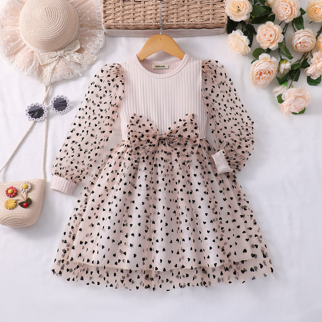 Girls Pink Long Sleeve Heart Print Fit & Flare Tulle Dress Casual Dresses Brown 3-4 Y