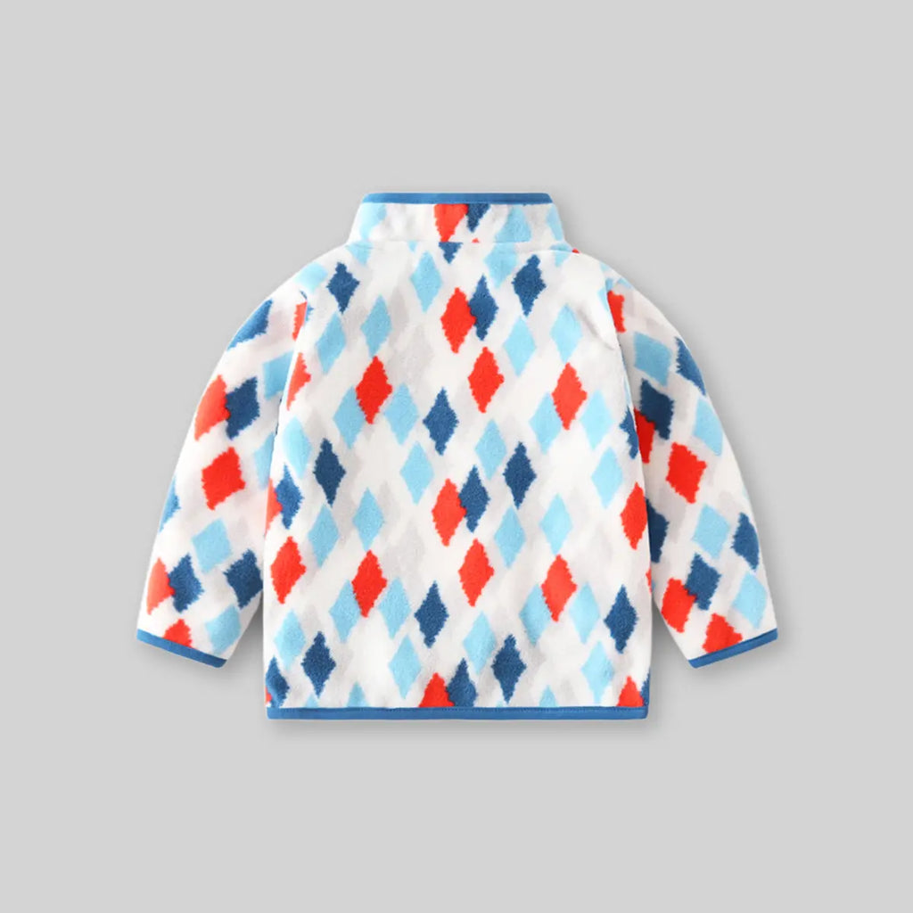 Boys White Fleece Zipper Jacket With Self design Diamond Patterns Coats & Jackets