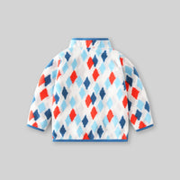 Boys White Fleece Zipper Jacket With Self design Diamond Patterns Coats & Jackets