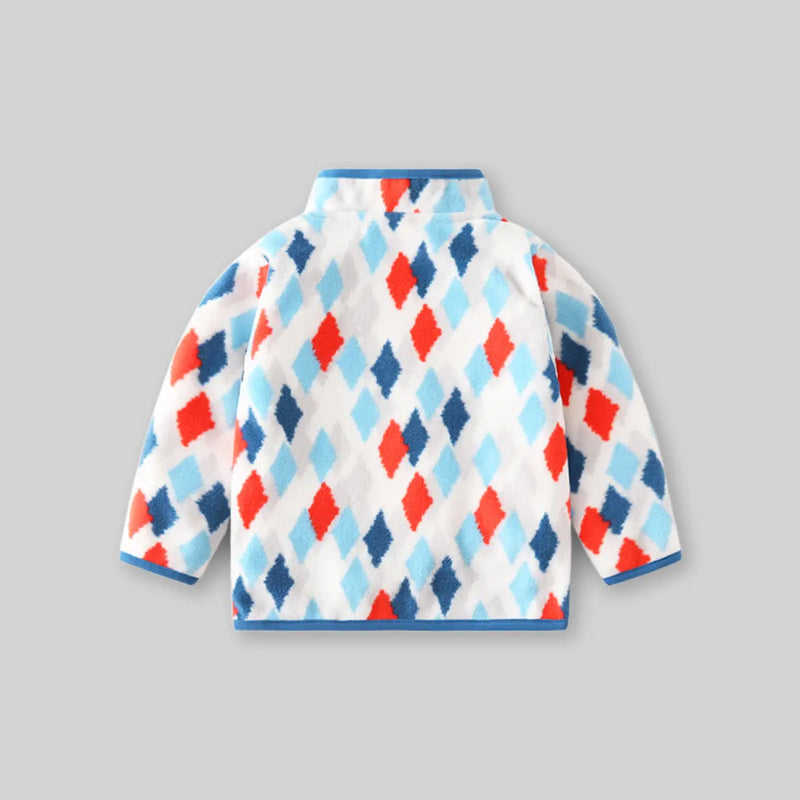 Boys White Fleece Zipper Jacket With Self design Diamond Patterns Coats & Jackets
