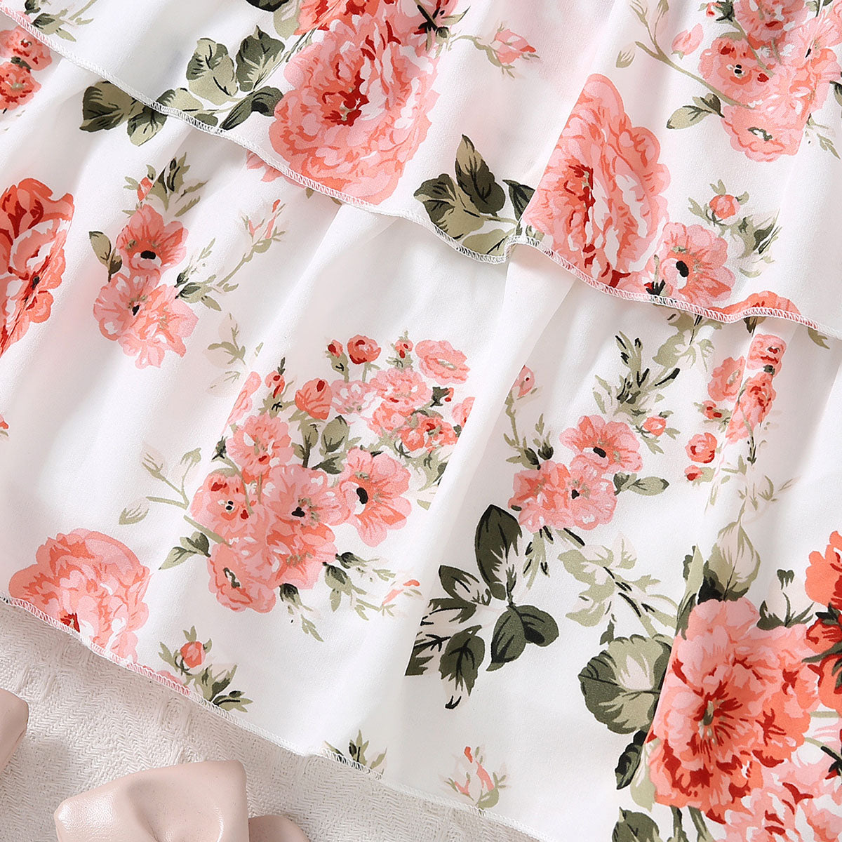 Girls White Floral Printed Puff Sleeves Dress Casual Dresses