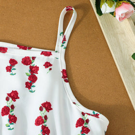 Girls Red Rose Printed Fit & Flare Winter Casual Dress With Shrug Casual Dresses