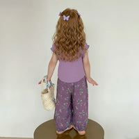 Girls Purple Ruffle Neck Top With Floral Print Pants Sets Sets