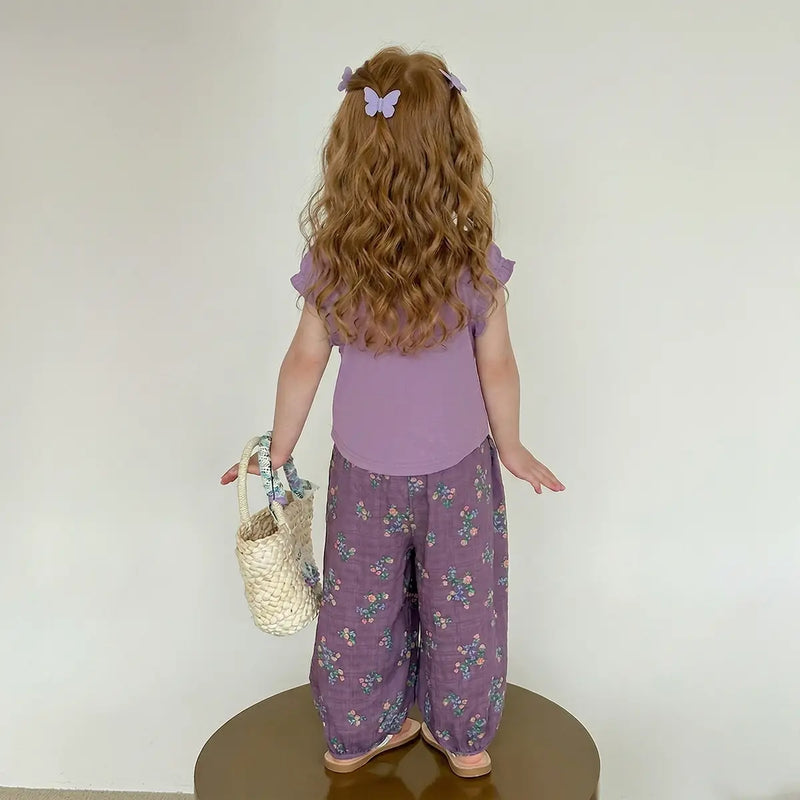 Girls Purple Ruffle Neck Top With Floral Print Pants Sets Sets