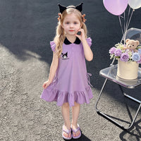 Girls Purple Graphic Print Flutter Sleeve Polo Dress Casual Dresses Purple 1-2 Y