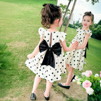 Girls White Polka Dot Print Flutter Sleeve Dress With Bow Casual Dresses