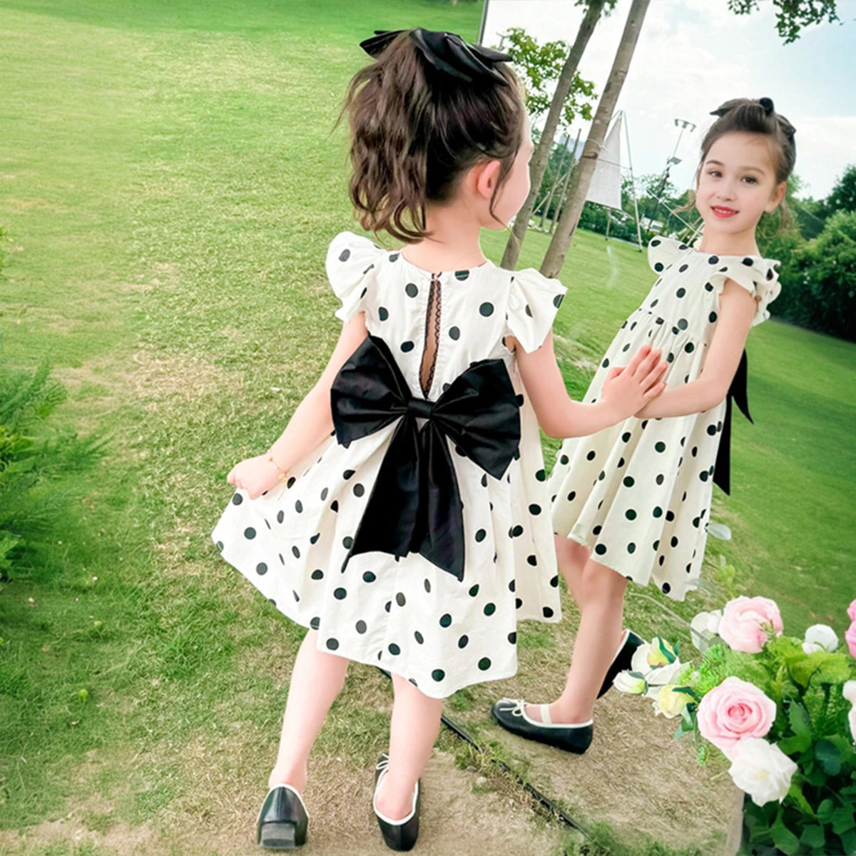 Girls White Polka Dot Print Flutter Sleeve Dress With Bow Casual Dresses