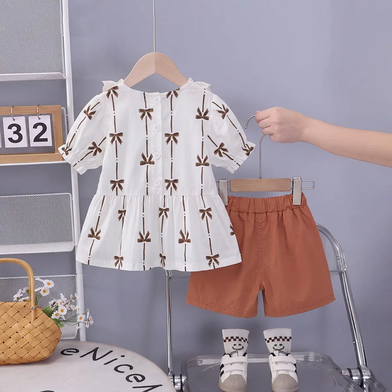 Girls Brown Bow Print Puff Sleeve Top With Shorts Sets Sets
