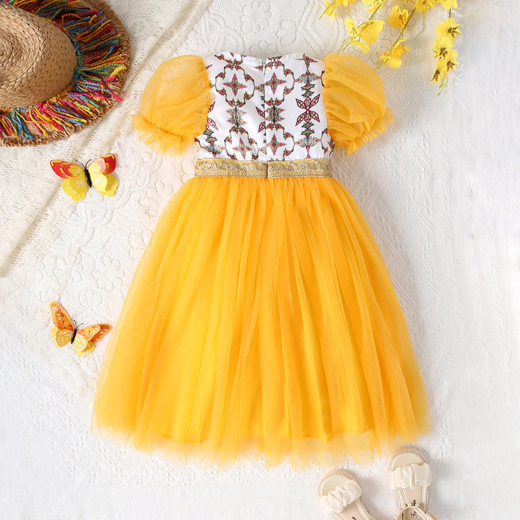 Girls Yellow Short Sleeve Printed Fit & Flare Dress Casual Dresses