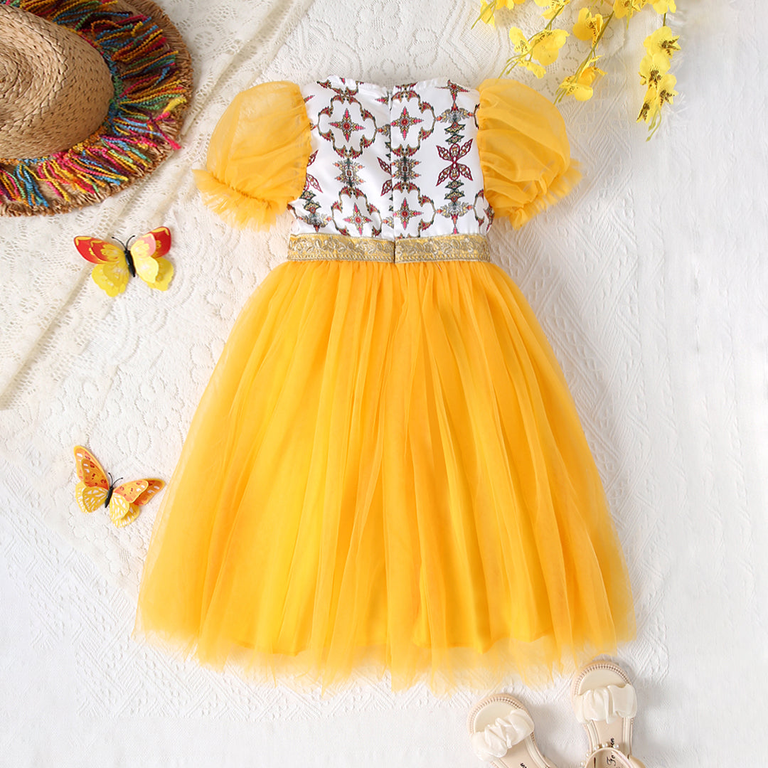 Girls Yellow Short Sleeve Printed Fit & Flare Dress Casual Dresses