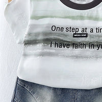 Boys Green Typographic Print T-Shirt With Denim Shorts Set Sets