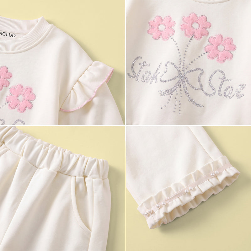 Girls Cream Embellished Sweatshirt & Pants Sets Sets