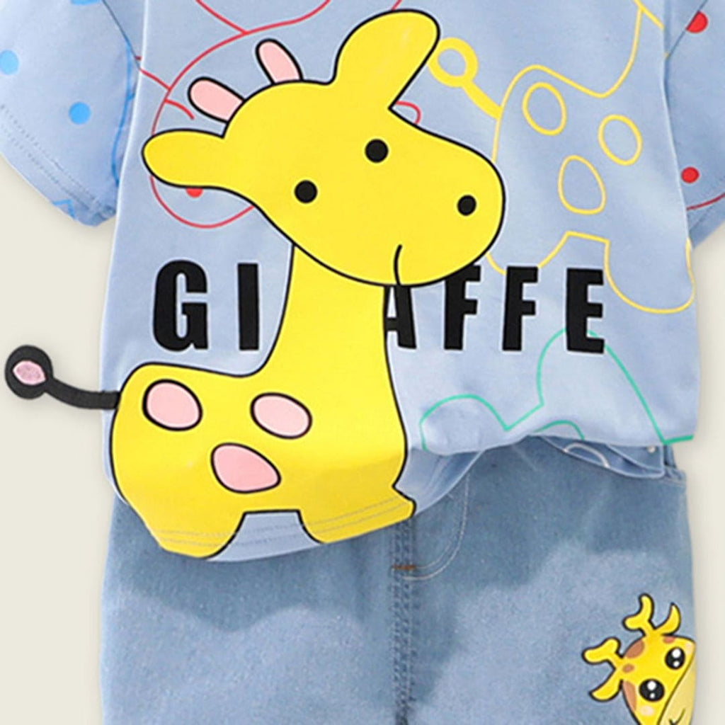 Boys Light Blue Giraffe Graphic T-Shirt With Denim Shorts Sets   