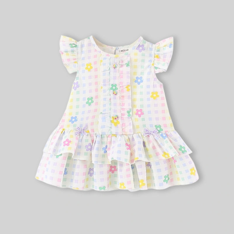 Girls Multicolor Floral Printed Ruffle Hem Drop-Waist Dress Casual Dresses