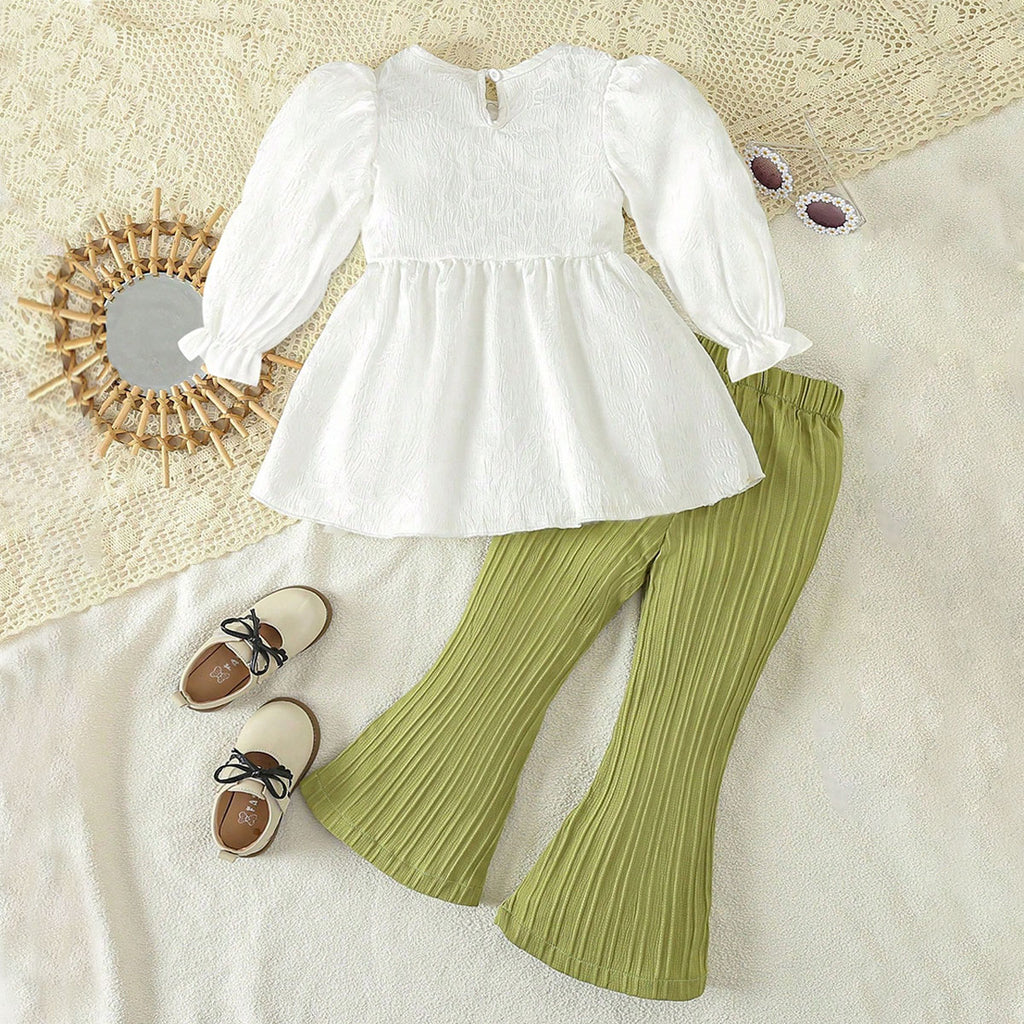 Girls White Self Designed Long Sleeves Top With Pants Set 2 pc. Sets