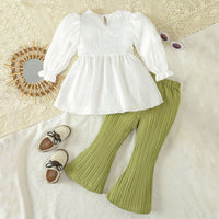 Girls White Self Designed Long Sleeves Top With Pants Set 2 pc. Sets
