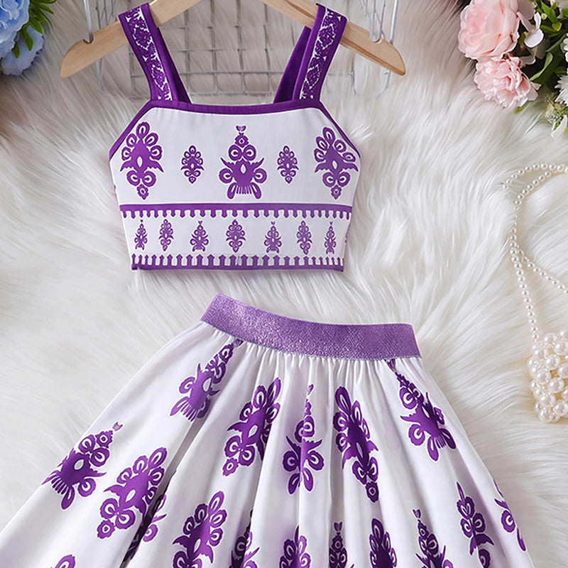 Girls Purple Ethnic Print Sleeveless Top With Skirt Sets 2 pc. Sets