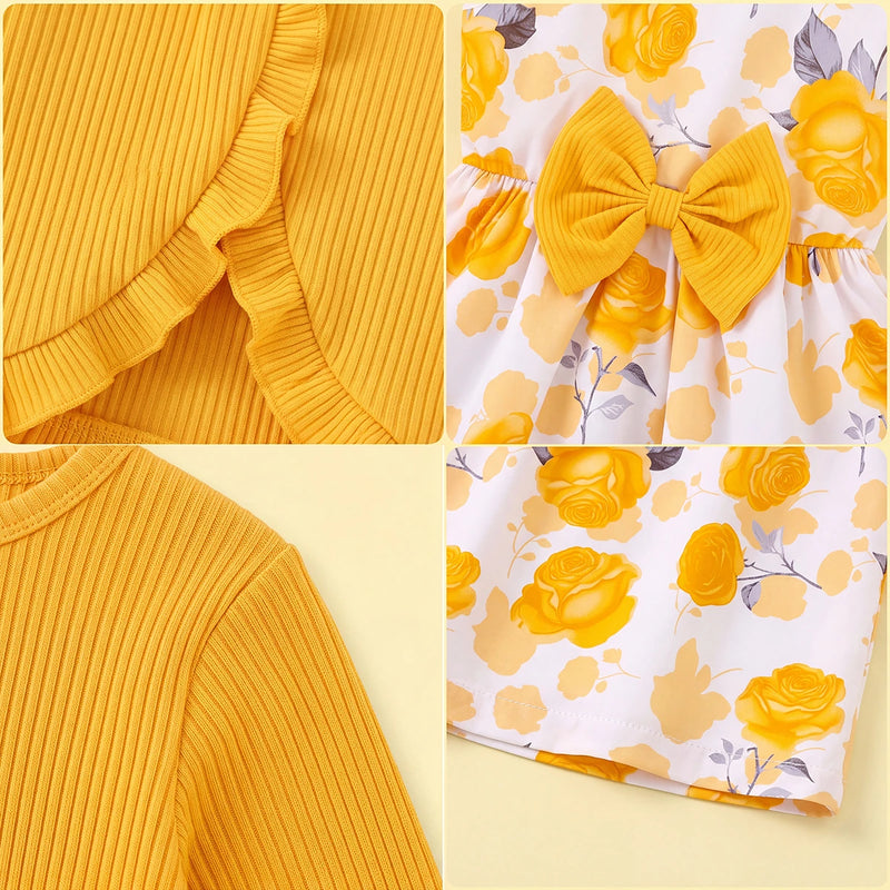 Girls Yellow Floral Print Sleeveless Fit & Flare Dress With Shrug Casual Dresses