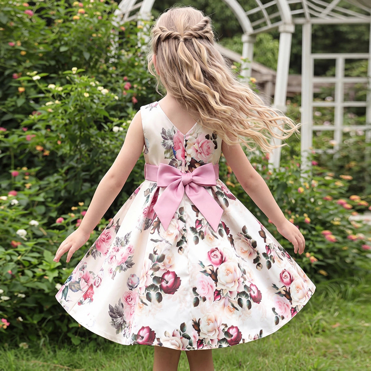 Girls Cream Floral Printed Sleeveless Fit & Flare Dress With Bow Detail Casual Dresses