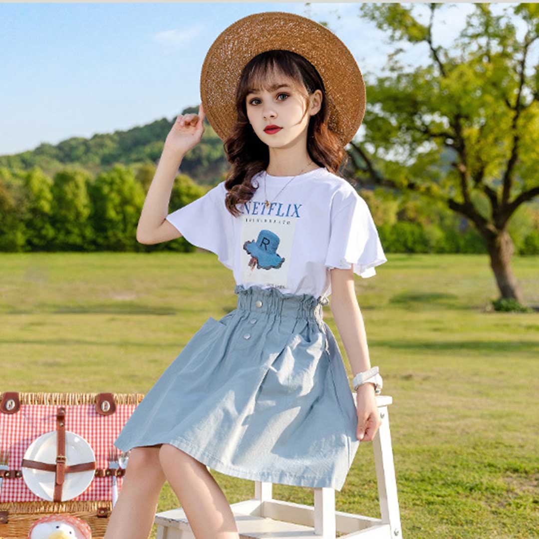 Girls Netflix Print T-Shirt With Denim Skirt Set 2 pc. Sets   