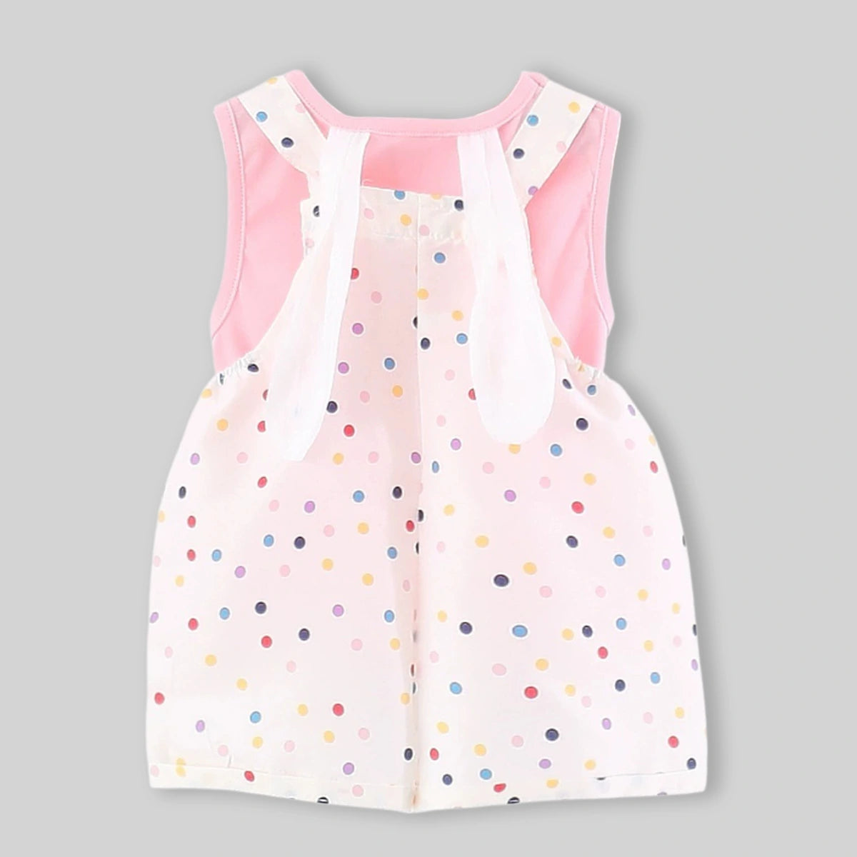 Girls Pink Round Neck Sleeveless Top With Polka Dot Dungaree Sets Sets