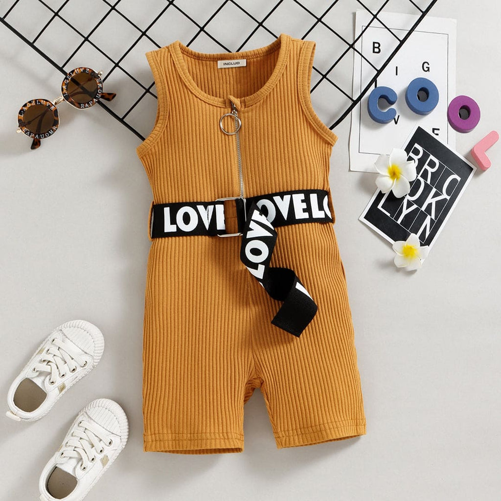 Girls Short Leg Knitted Jumpsuit With Printed Belt