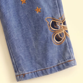 Girls Navy Butterfly Embellished Sweatshirt & Denim Pants Sets Sets