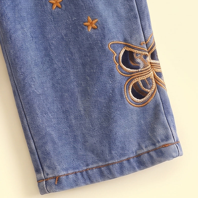 Girls Navy Butterfly Embellished Sweatshirt & Denim Pants Sets Sets