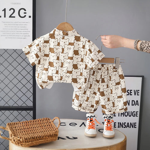 Boys Brown Bear Printed Short Sleeve Shirt With Printed T-Shirt And Shorts Sets 3 pc. Sets