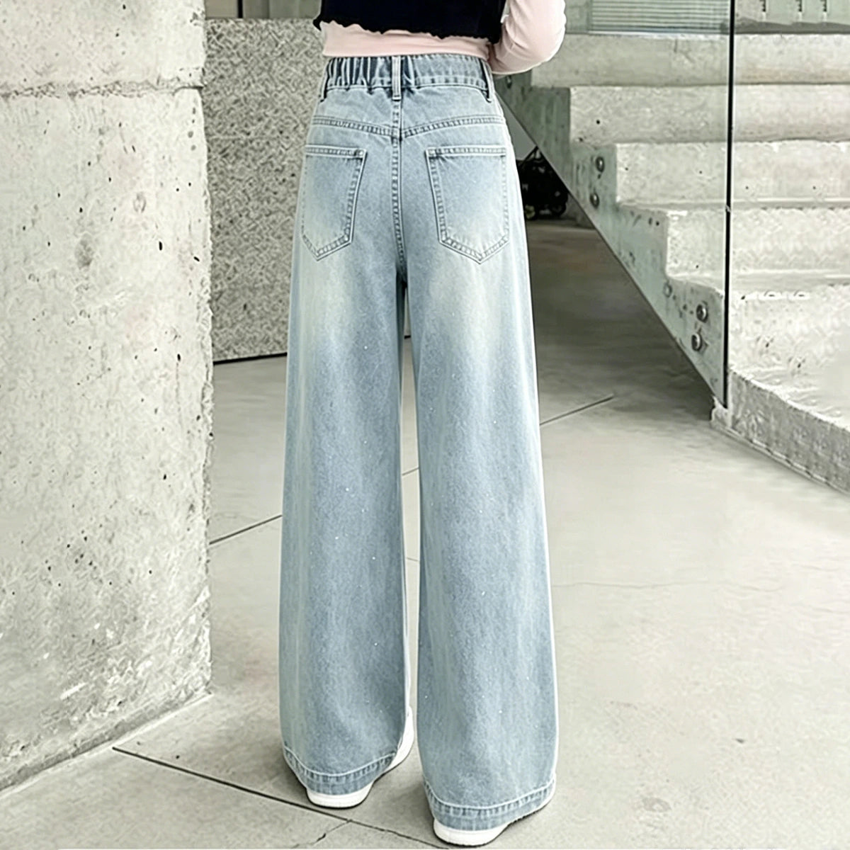 Girls Light Blue Rhinestone Embellished Loose Fit Denim Jeans Pants