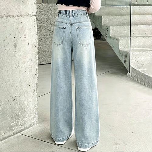 Girls Light Blue Rhinestone Embellished Loose Fit Denim Jeans Pants