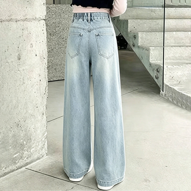 Girls Light Blue Rhinestone Embellished Loose Fit Denim Jeans Pants