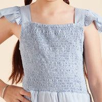 Girls Blue Sleeveless Long Length Jumpsuit With Smocking Jumpsuits