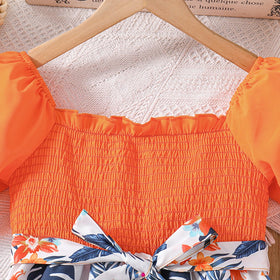 Girls Orange Floral Print Smocked Puff Sleeve Belted Fit & Flare Dress Casual Dresses