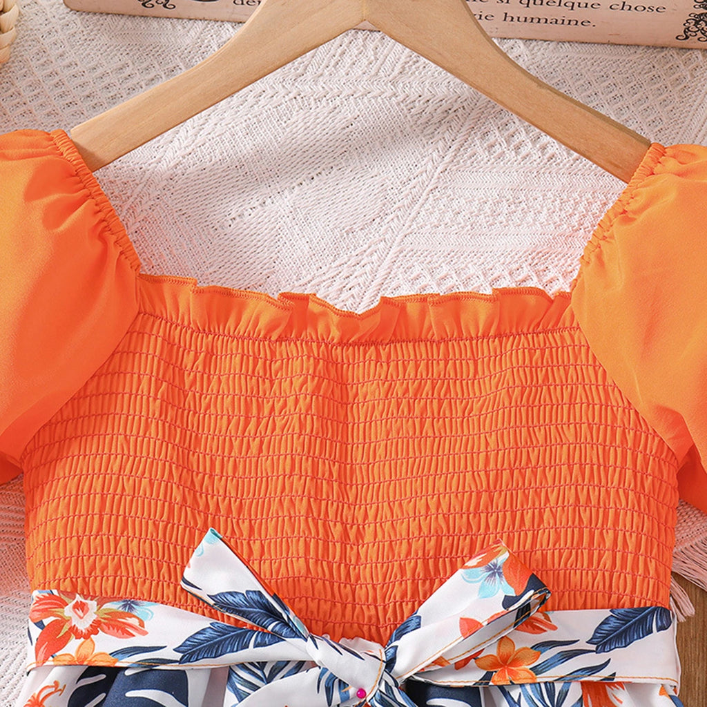 Girls Orange Floral Print Smocked Puff Sleeve Belted Fit & Flare Dress Casual Dresses