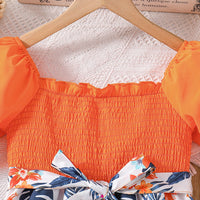 Girls Orange Floral Print Smocked Puff Sleeve Belted Fit & Flare Dress Casual Dresses