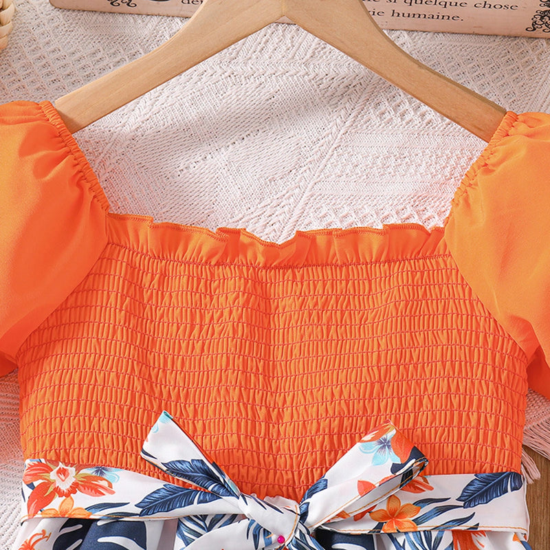 Girls Orange Floral Print Smocked Puff Sleeve Belted Fit & Flare Dress Casual Dresses