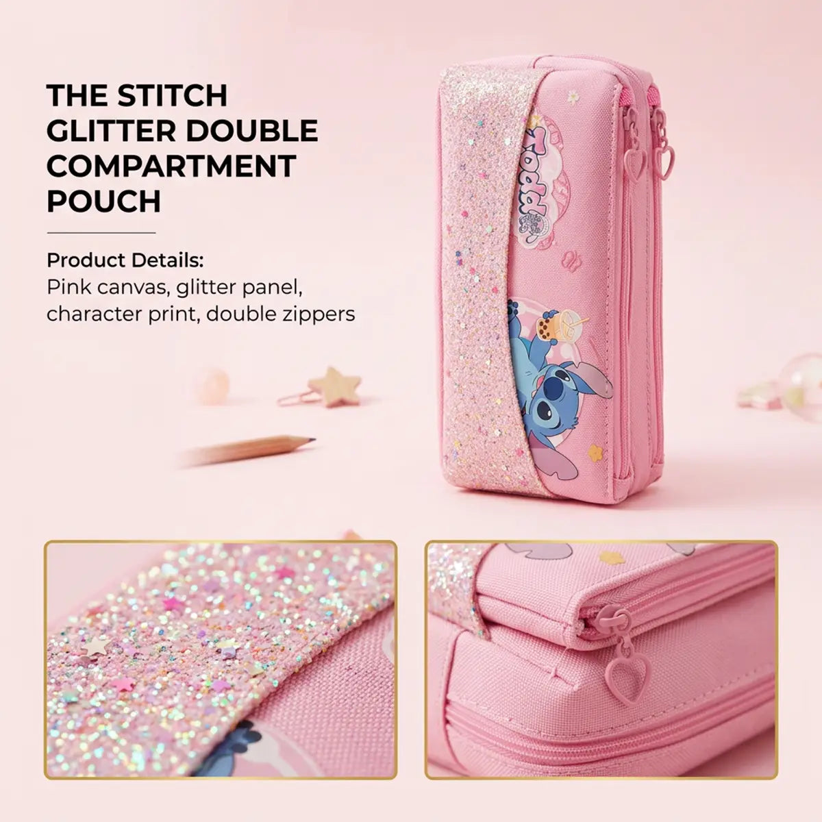 Girls Pink Disney Stitch Glitter Pencil Case Trending Accessories