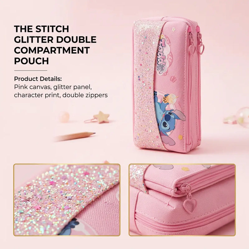 Girls Pink Disney Stitch Glitter Pencil Case Trending Accessories